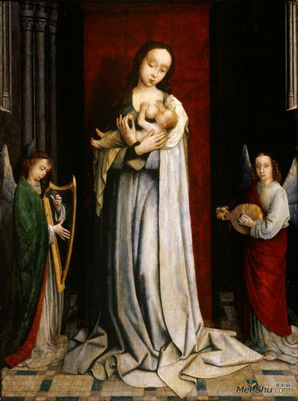 杰勒德·大卫(Gerard David)高清作品《麦当娜和儿童与两个音乐制作天使》