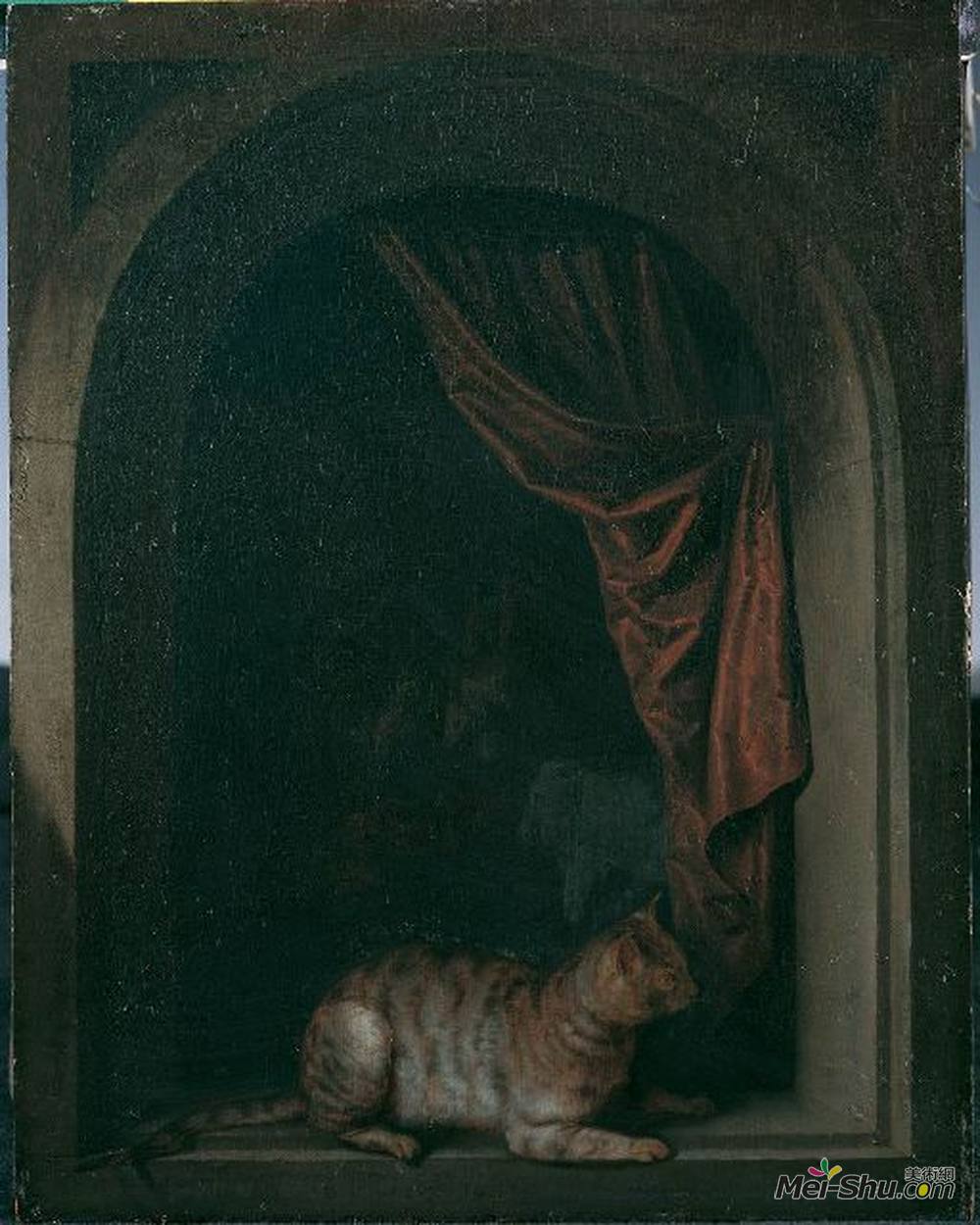 格利特窦(Gerrit Dou)高清作品《画家工作室的橱窗里的猫》