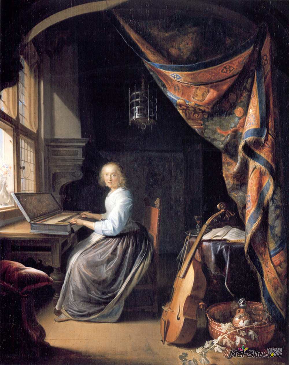 格利特窦(Gerrit Dou)高清作品《一位打克拉维奇的女士》