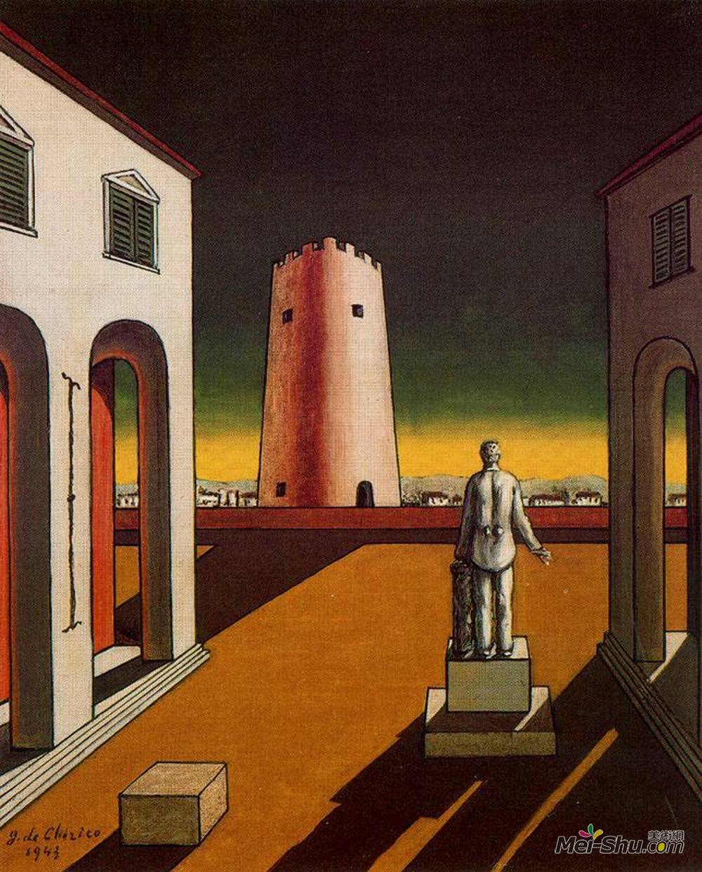 乔治·德·基里科(Giorgio de Chirico)高清作品《带红塔的意大利广场》