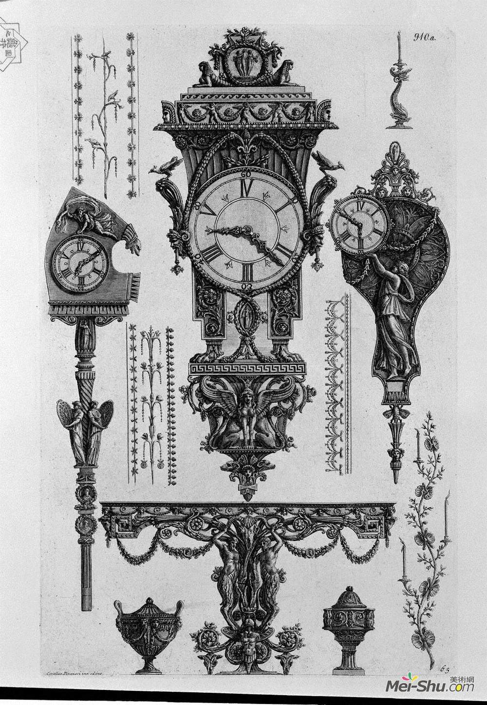 乔瓦尼·巴蒂斯塔·皮拉内西(Giovanni Battista Piranesi)高清作品《A table on the wall with two Satyrs, a pndola, two watches,》