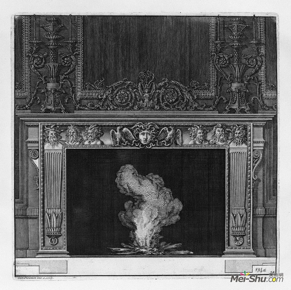 乔瓦尼·巴蒂斯塔·皮拉内西(Giovanni Battista Piranesi)高清作品《Fireplace: busts in the frieze of satyrs and the head of Med》