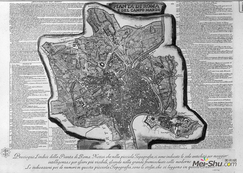 乔瓦尼·巴蒂斯塔·皮拉内西(Giovanni Battista Piranesi)高清作品《Map of Rome and the Campus Martius with the relevant Index a》