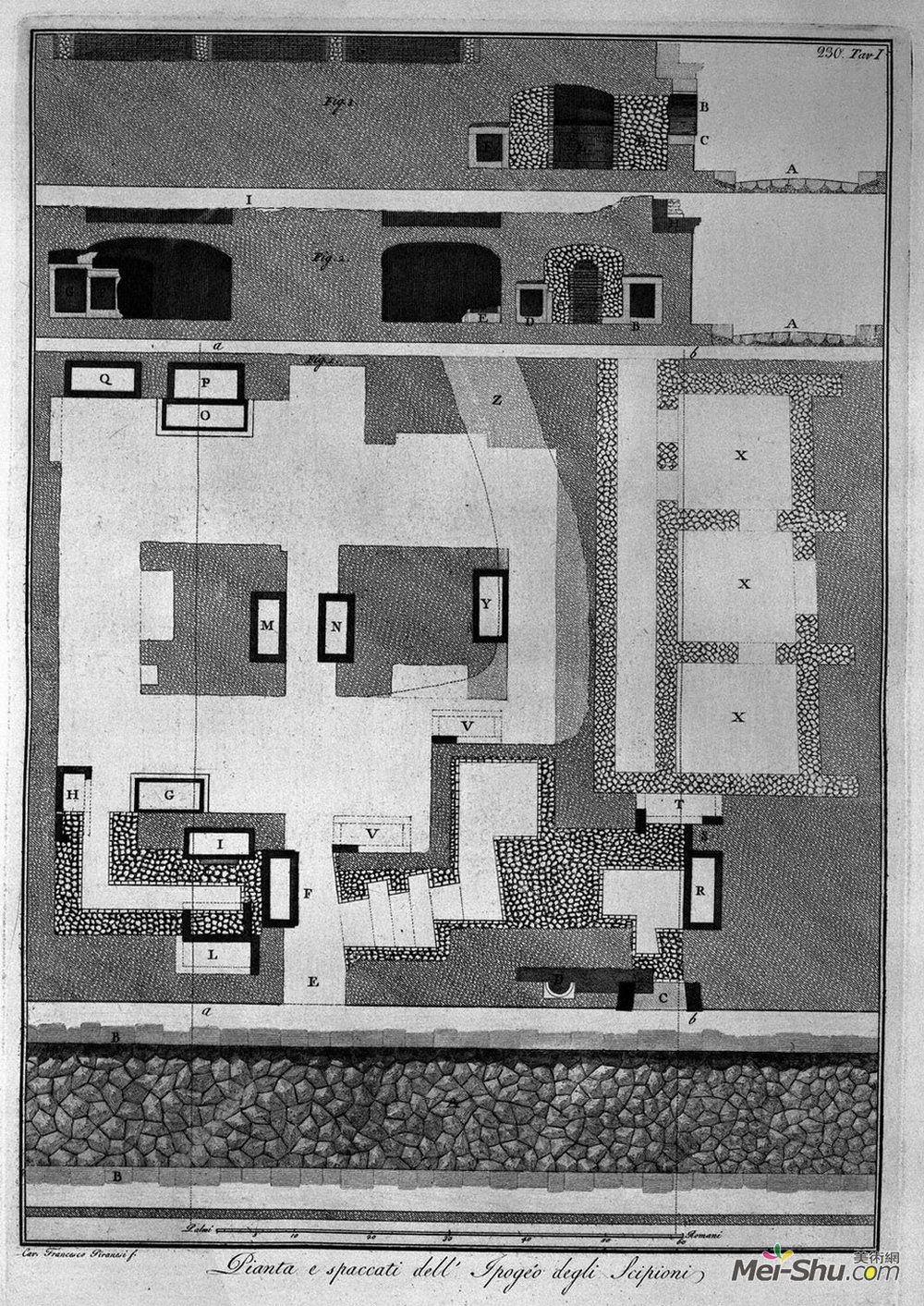 乔瓦尼·巴蒂斯塔·皮拉内西(Giovanni Battista Piranesi)高清作品《Plan and sections of the Hypogeum of the Scipios》