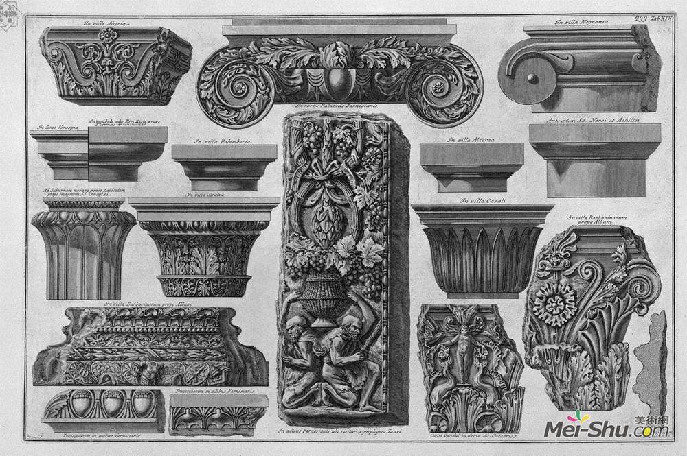 乔瓦尼·巴蒂斯塔·皮拉内西(Giovanni Battista Piranesi)高清作品《Several capitals and a bas-relief (Farnese Gardens, Villa Ba》