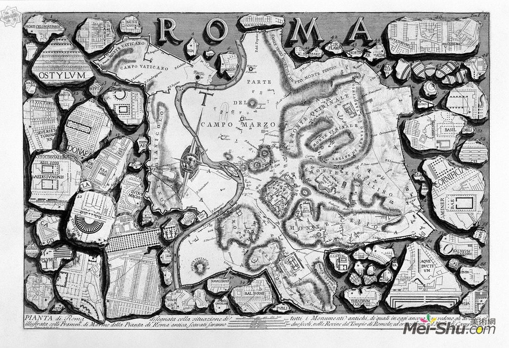 乔瓦尼·巴蒂斯塔·皮拉内西(Giovanni Battista Piranesi)高清作品《The Roman antiquities, t. 1, Plate II.  Map of ancient Rome》