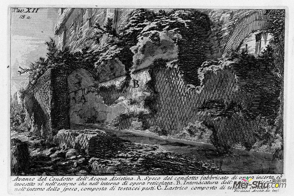 乔瓦尼·巴蒂斯塔·皮拉内西(Giovanni Battista Piranesi)高清作品《The Roman antiquities, t. 1, Plate XII. Aqua Alsietina.》