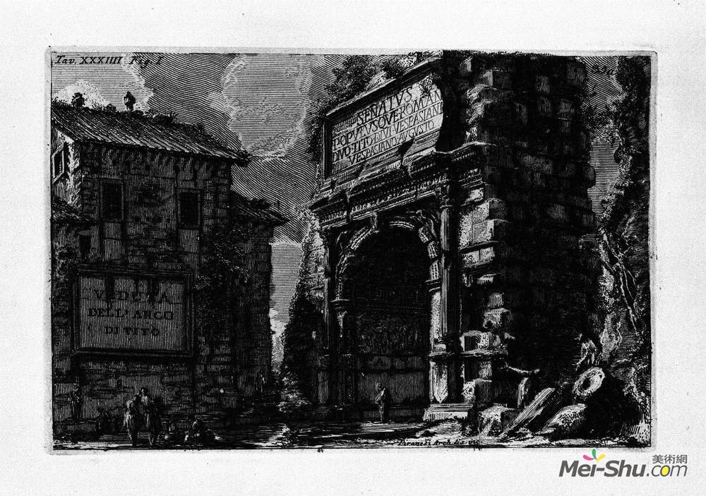 乔瓦尼·巴蒂斯塔·皮拉内西(Giovanni Battista Piranesi)高清作品《The Roman antiquities, t. 1, Plate XXXIV. Veduta with Arch o》