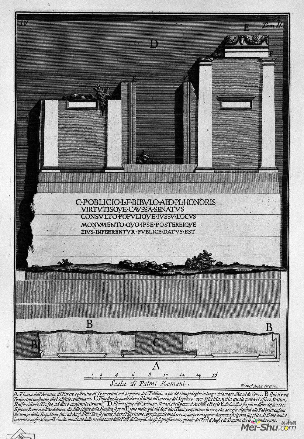 乔瓦尼·巴蒂斯塔·皮拉内西(Giovanni Battista Piranesi)高清作品《The Roman antiquities, t. 2, Plate IV. Plan and elevation of》