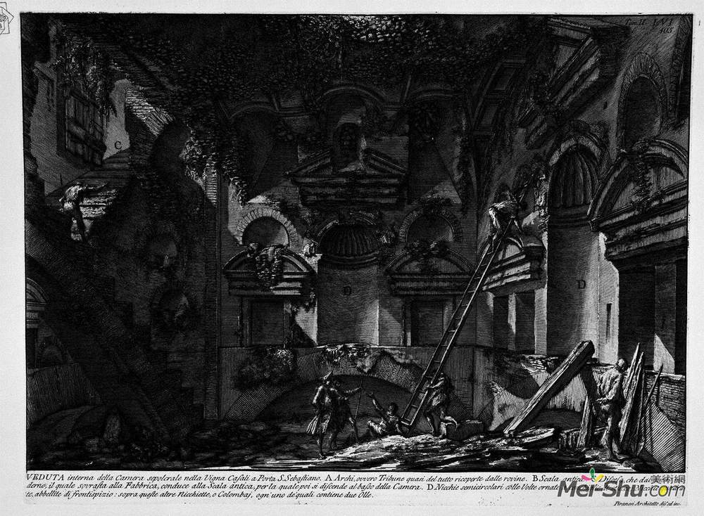 乔瓦尼·巴蒂斯塔·皮拉内西(Giovanni Battista Piranesi)高清作品《The Roman antiquities, t. 2, Plate LVI. Interior view of the》