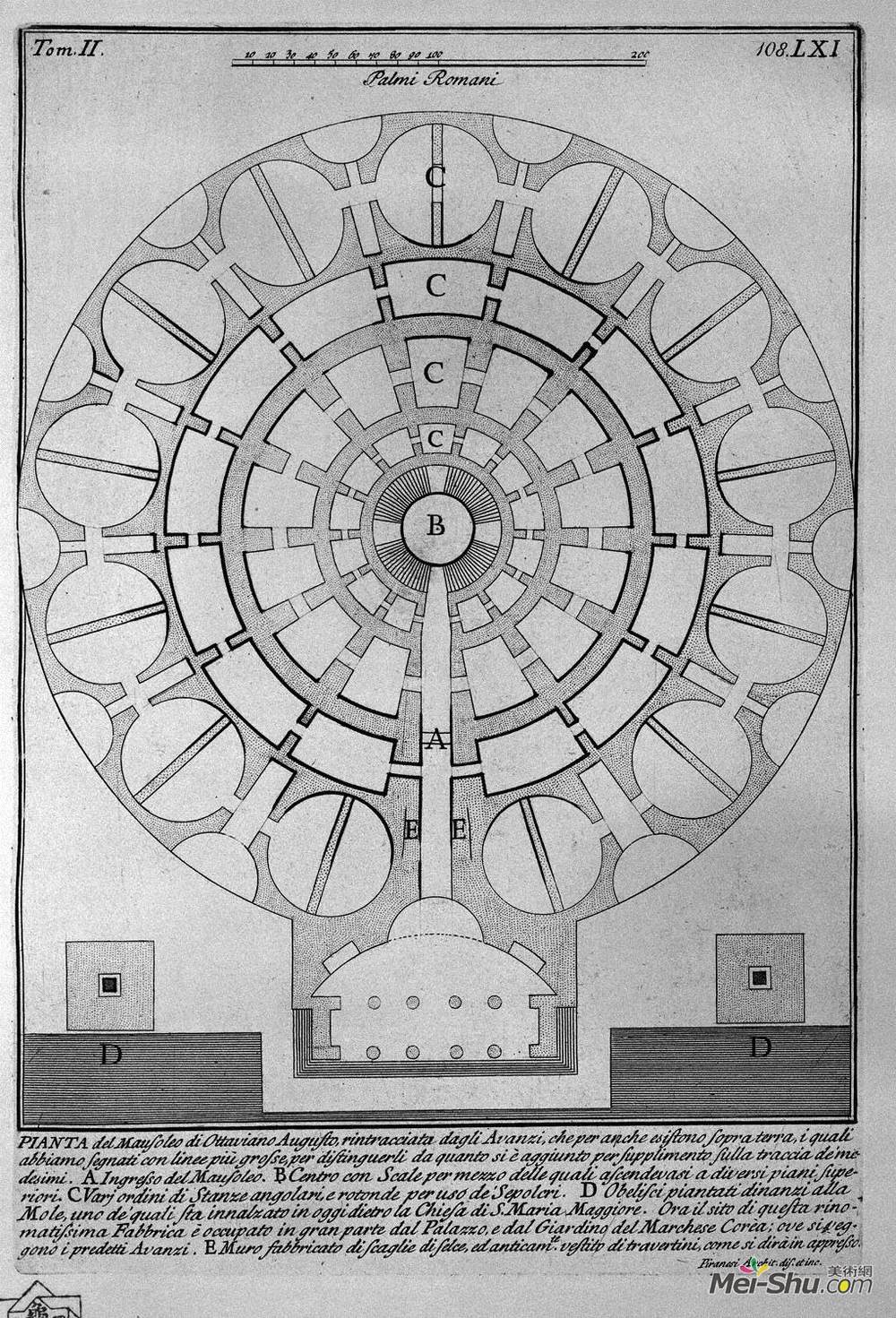 乔瓦尼·巴蒂斯塔·皮拉内西(Giovanni Battista Piranesi)高清作品《The Roman antiquities, t. 2, Plate LXI. Plan of the Mausoleu》