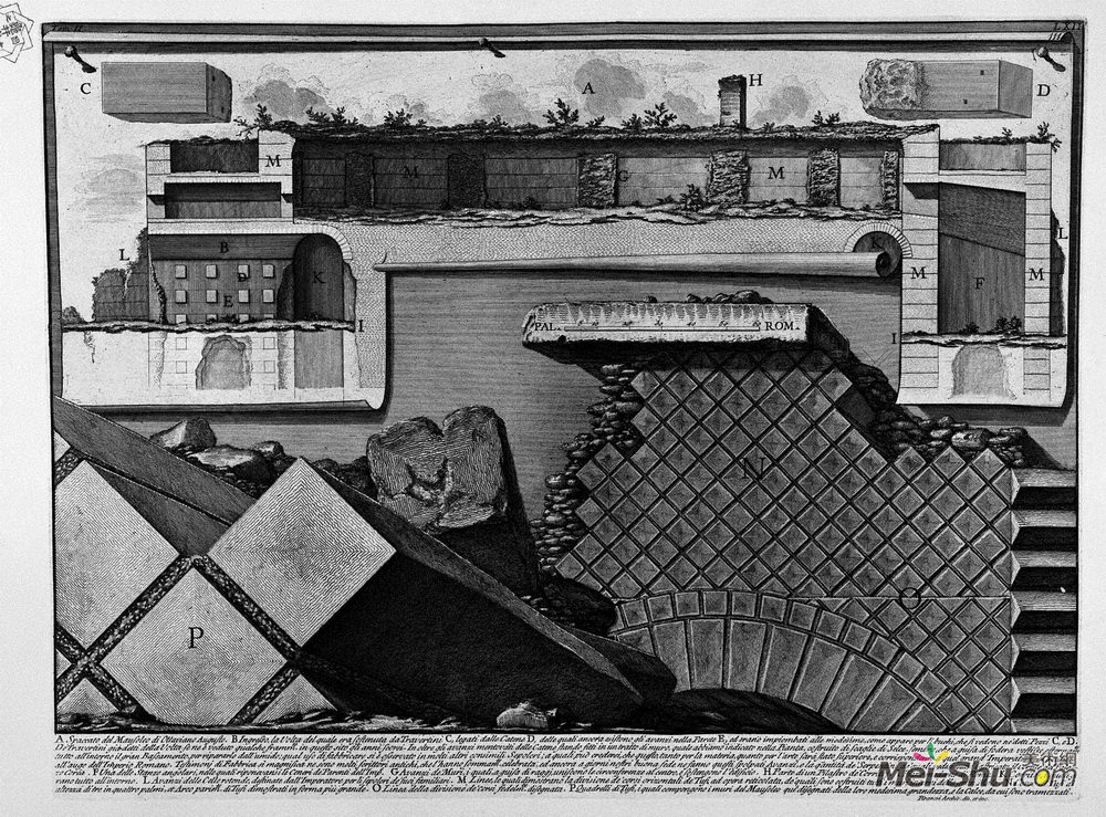 乔瓦尼·巴蒂斯塔·皮拉内西(Giovanni Battista Piranesi)高清作品《The Roman antiquities, t. 2, Plate LXII. Cutaway view of the》