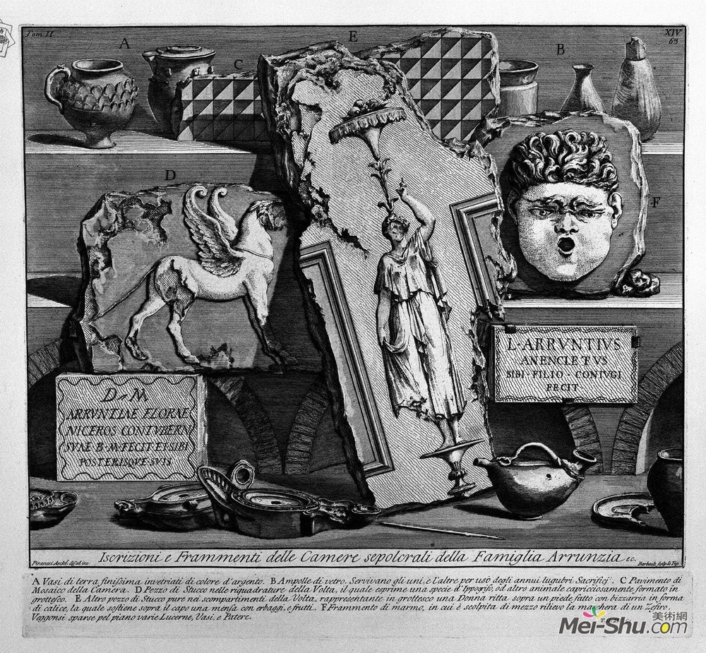 乔瓦尼·巴蒂斯塔·皮拉内西(Giovanni Battista Piranesi)高清作品《The Roman antiquities, t. 2, Plate XIV. Inscriptions and fra》