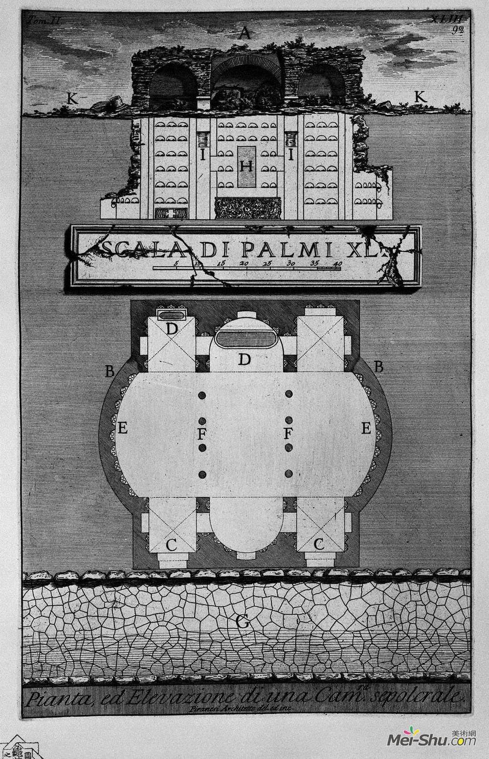 乔瓦尼·巴蒂斯塔·皮拉内西(Giovanni Battista Piranesi)高清作品《The Roman antiquities, t. 2, Plate XLIII. Plan and elevation》