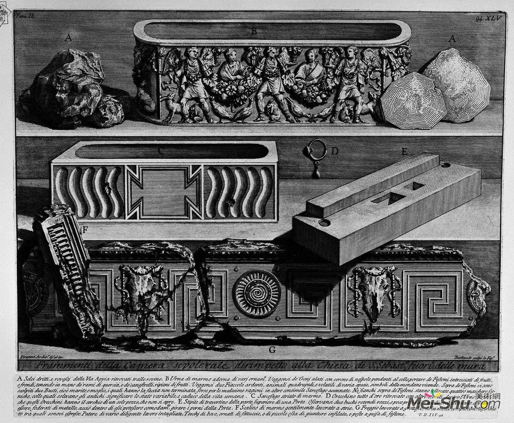 乔瓦尼·巴蒂斯塔·皮拉内西(Giovanni Battista Piranesi)高清作品《The Roman antiquities, t. 2, Plate XLV. Fragments of the bur》