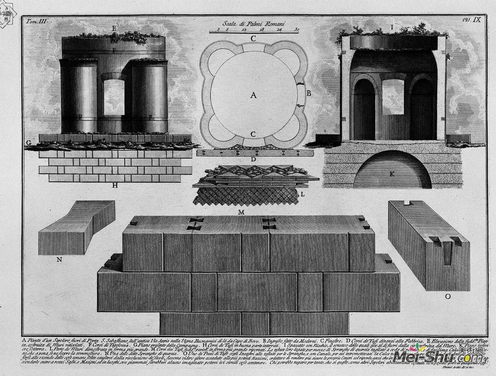 乔瓦尼·巴蒂斯塔·皮拉内西(Giovanni Battista Piranesi)高清作品《The Roman antiquities, t. 3, Plate IX. Plan of the tomb outs》