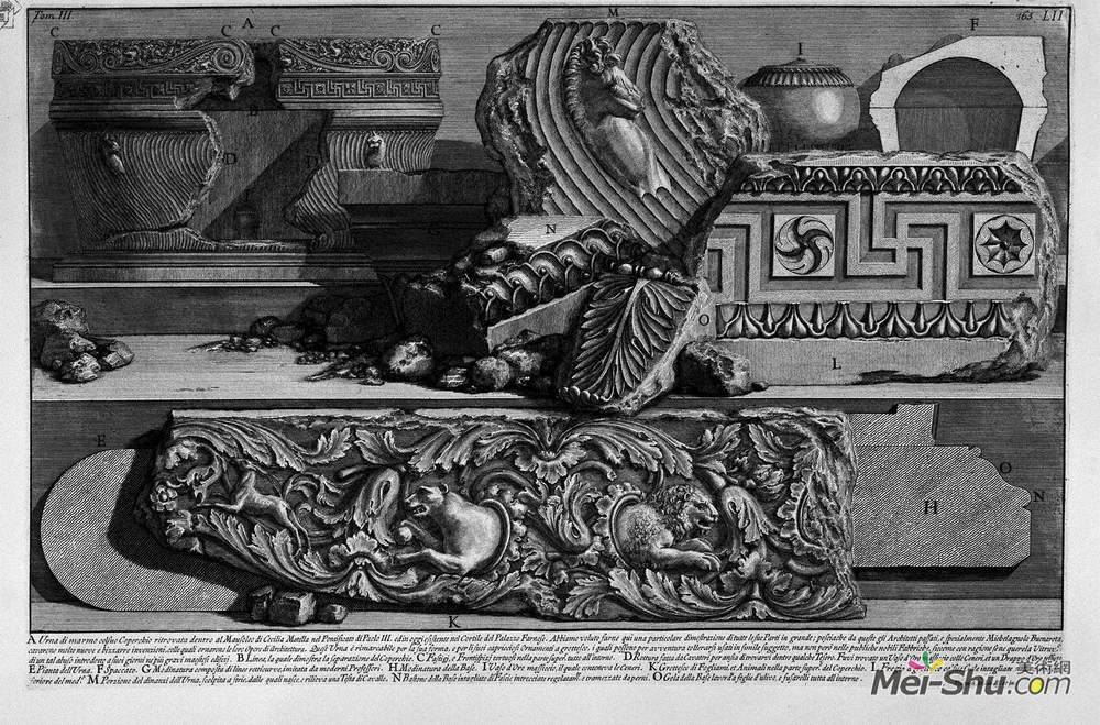 乔瓦尼·巴蒂斯塔·皮拉内西(Giovanni Battista Piranesi)高清作品《The Roman antiquities, t. 3, Plate LIII. Marble urn with a l》