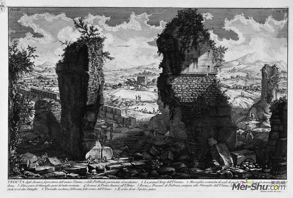 乔瓦尼·巴蒂斯塔·皮拉内西(Giovanni Battista Piranesi)高清作品《The Roman antiquities, t. 3, Plate VI. View the remains abov》