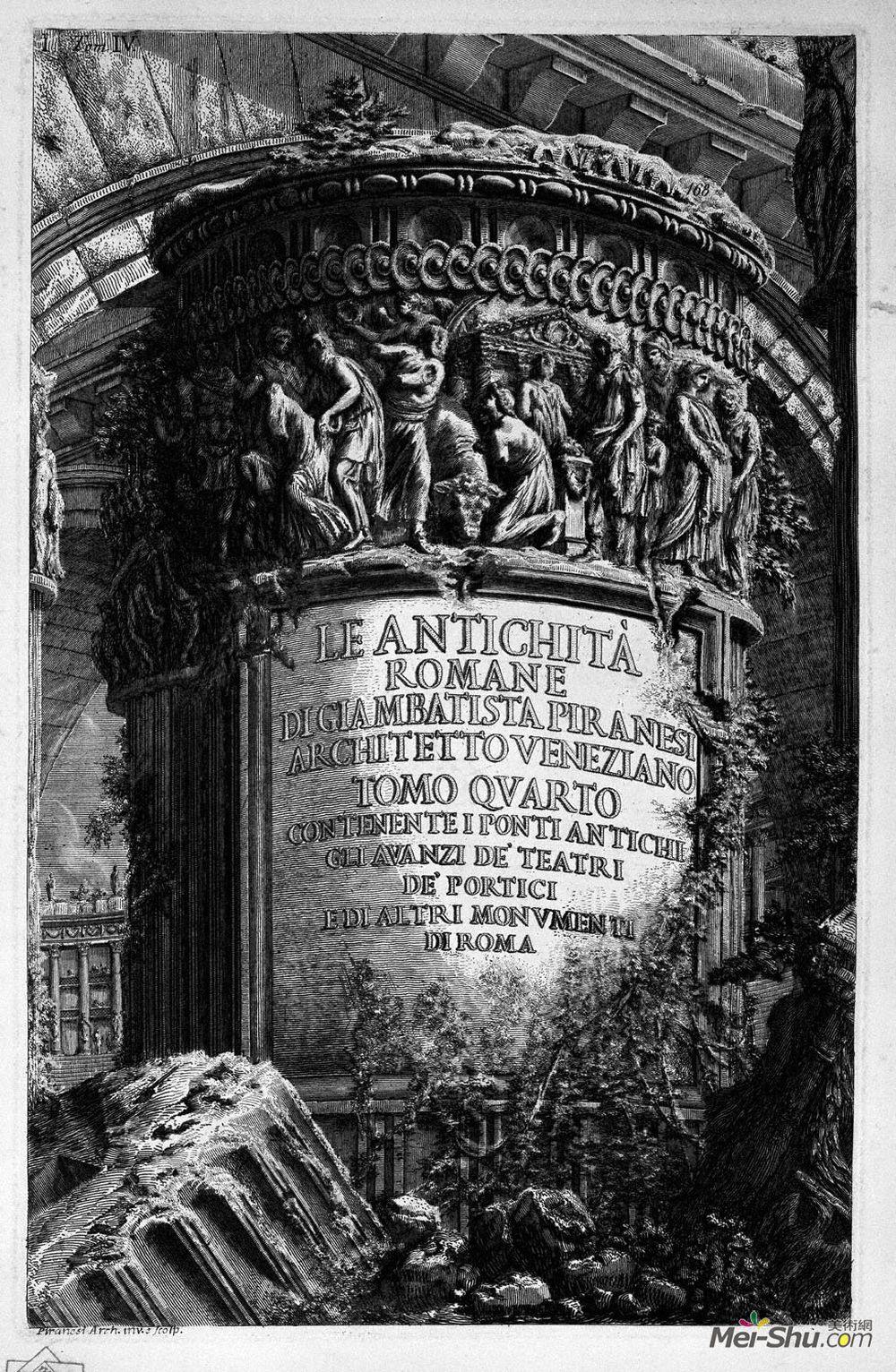 乔瓦尼·巴蒂斯塔·皮拉内西(Giovanni Battista Piranesi)高清作品《The Roman antiquities, t. 4, Plate I. Cover Page. Over a lar》