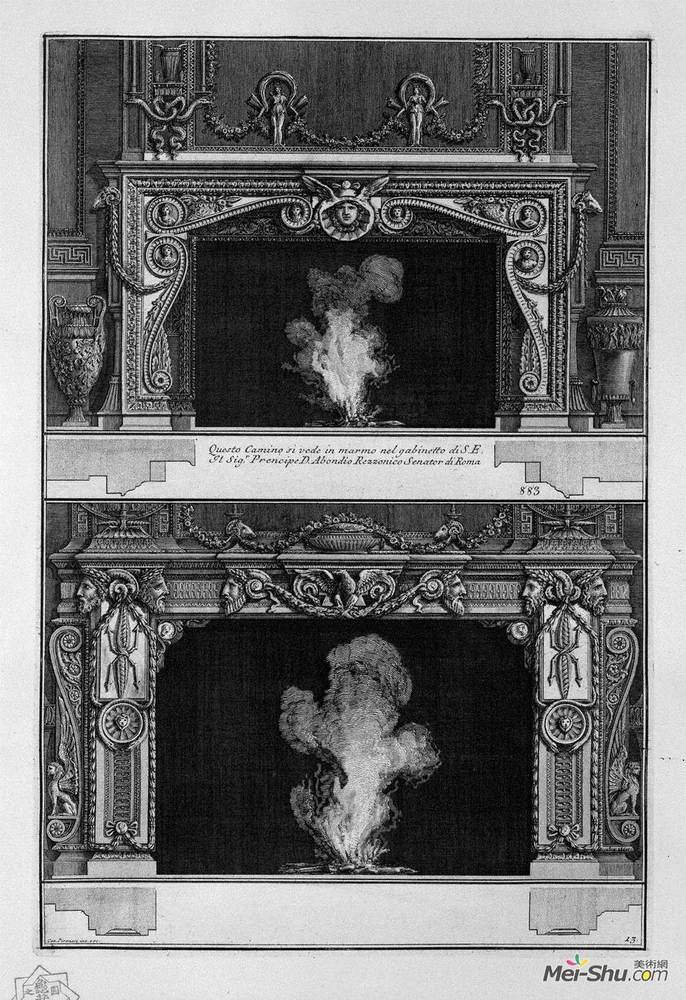 乔瓦尼·巴蒂斯塔·皮拉内西(Giovanni Battista Piranesi)高清作品《两个壁炉重叠：带有面具的支撑物》