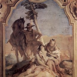 乔万尼·巴蒂斯塔·提埃波罗(Giovanni Battista Tiepolo)高清作品:Angelica, accompanied by a shepherd who cares Medorus with h