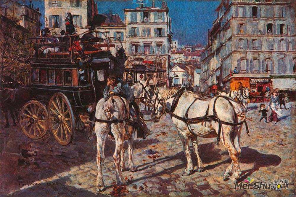 乔瓦尼·波尔蒂尼(Giovanni Boldini)高清作品《在巴黎的鸽子广场上的公共汽车》