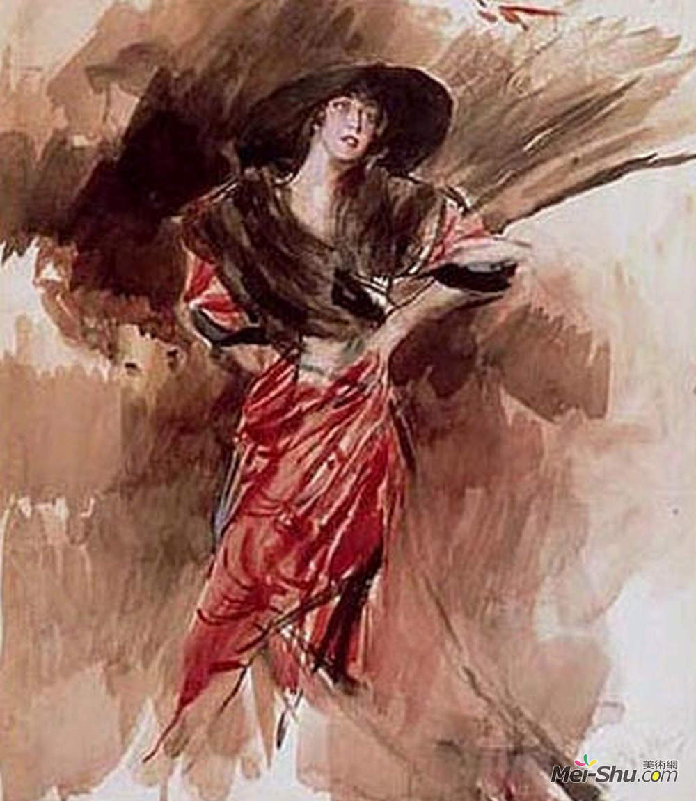 乔瓦尼·波尔蒂尼(Giovanni Boldini)高清作品《穿红衣服的女士》