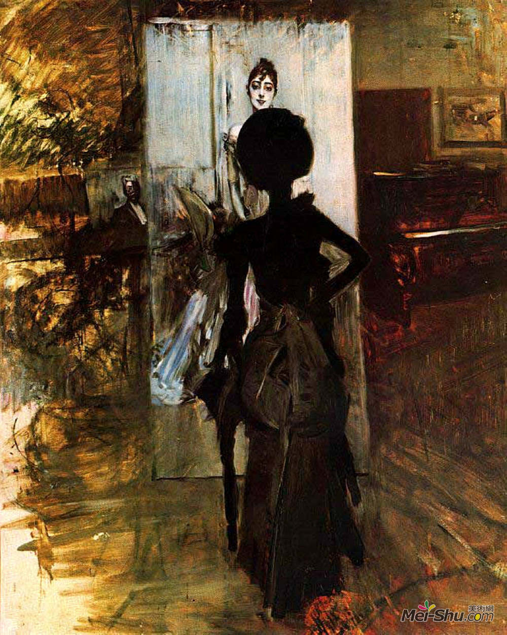 乔瓦尼·波尔蒂尼(Giovanni Boldini)高清作品《黑衣女人注视着埃米莉安娜先生的蜡笔》