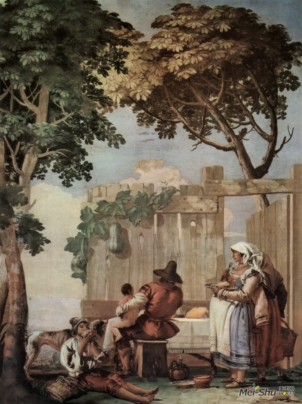 乔万尼·多米尼克·提埃波罗(Giovanni Domenico Tiepolo)高清作品《农民家庭在桌子，从房间的乡村景色，在》