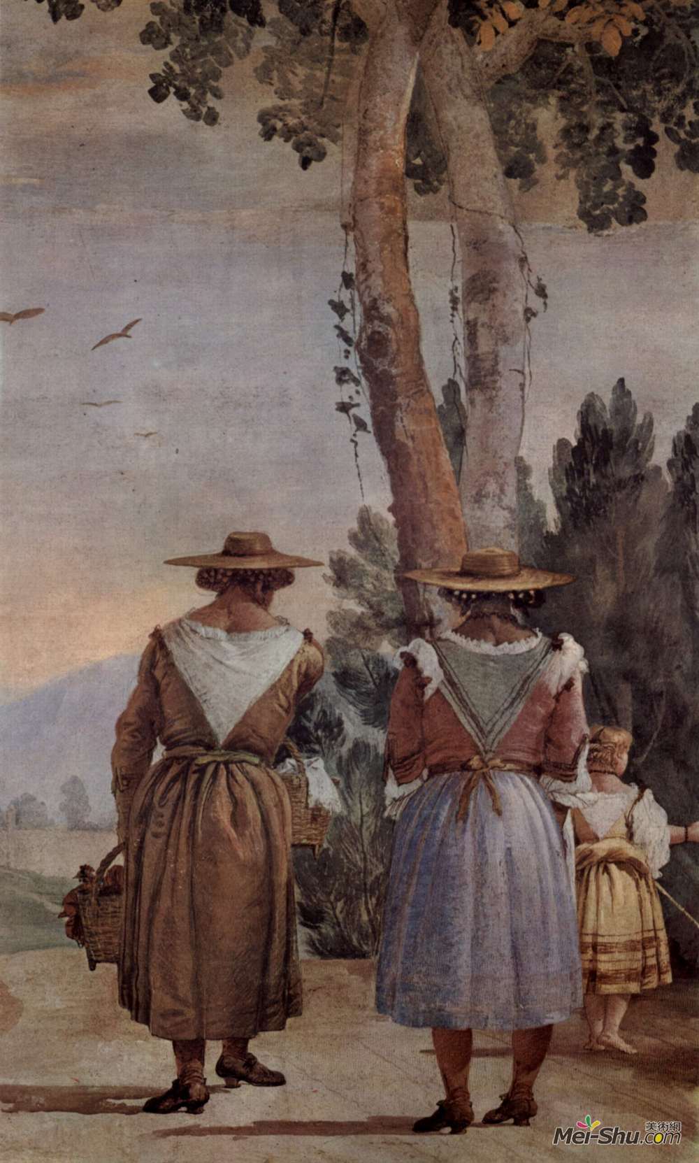 乔万尼·多米尼克·提埃波罗(Giovanni Domenico Tiepolo)高清作品《两个农妇和一个孩子从后面看》