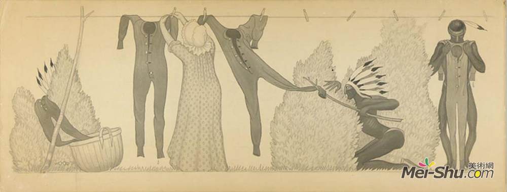 格兰特伍德(Grant Wood)高清作品《Untitled, from suite Savage Iowa (Clothesline)》