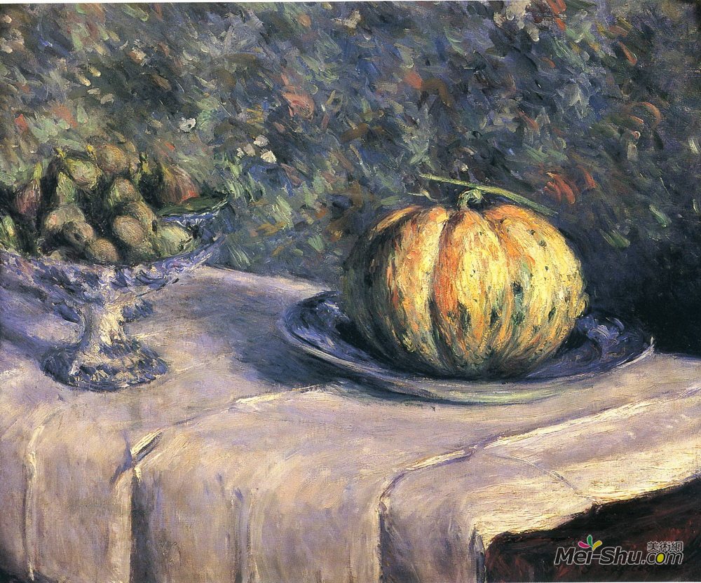 古斯塔夫·卡里伯特(Gustave Caillebotte)高清作品《带花果甜瓜碗》