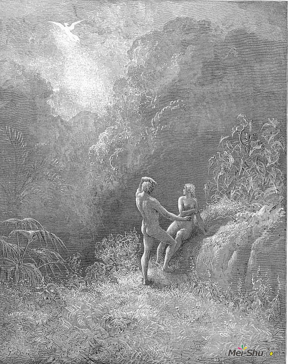 古斯塔夫·多尔(Gustave Dore)高清作品《于是他们分开了，天使从浓浓的树荫下爬上天堂，》