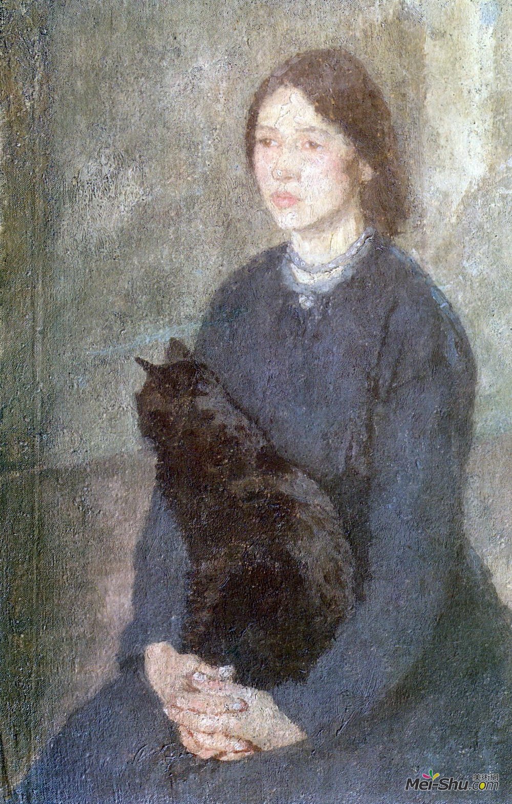 格温·约翰(Gwen John)高清作品《抱着黑猫的年轻女子》