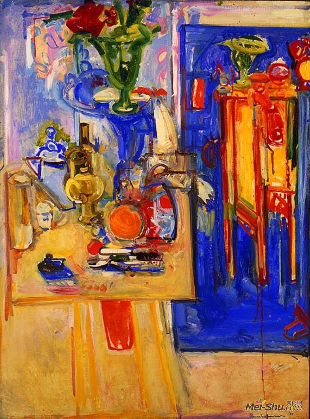 汉斯·霍夫曼(Hans Hofmann)高清作品《桌子与茶壶，绿色花瓶和红色的花朵》