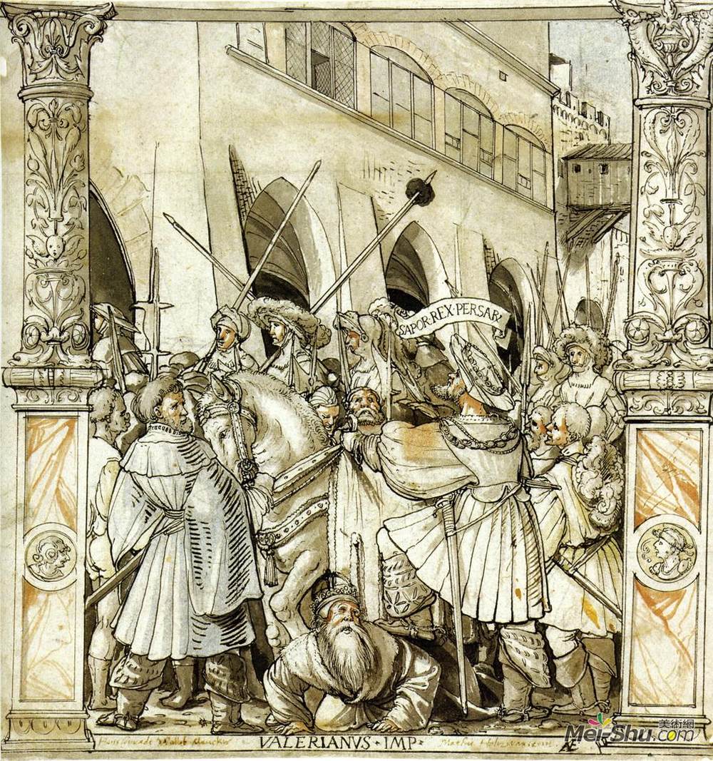 汉斯·荷尔拜因(Hans Holbein the Younger)高清作品《波斯王对缬草皇帝的羞辱》