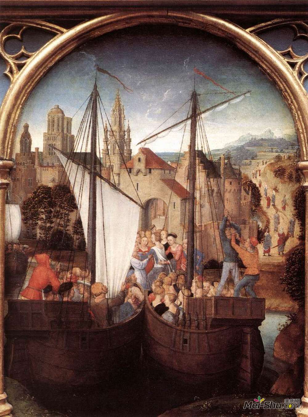 《圣厄休拉和她的同伴从巴塞尔登陆》汉斯·梅姆林(hans memling)高清