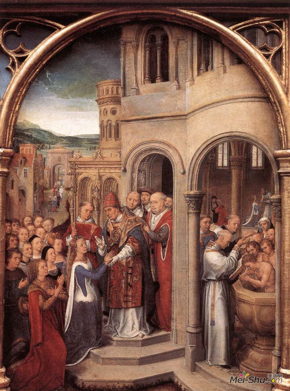 汉斯·梅姆林(Hans Memling)高清作品《圣厄秀拉和她的同伴们在罗马的到来见面》