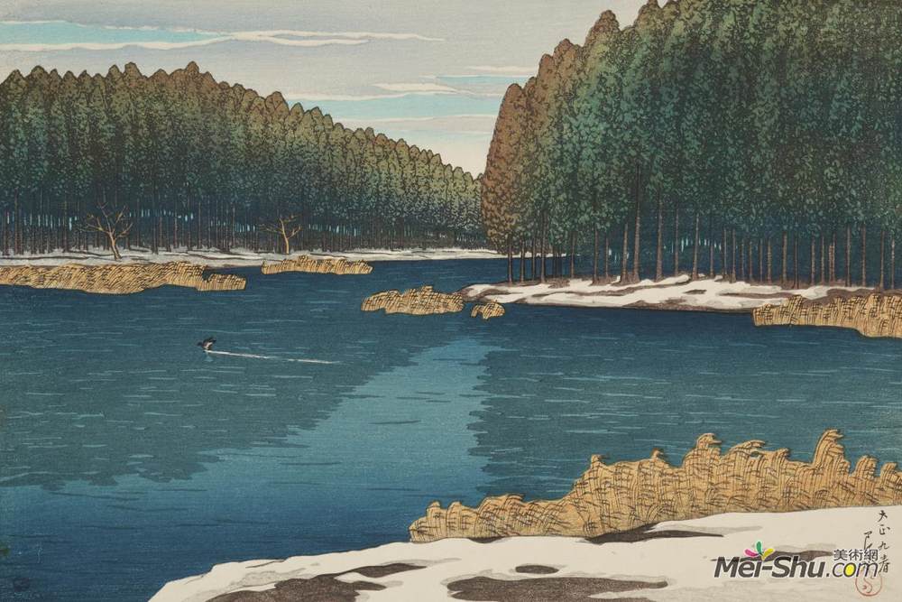 川濑巳水(Hasui Kawase)高清作品《Remaining Snow at Inokashira》