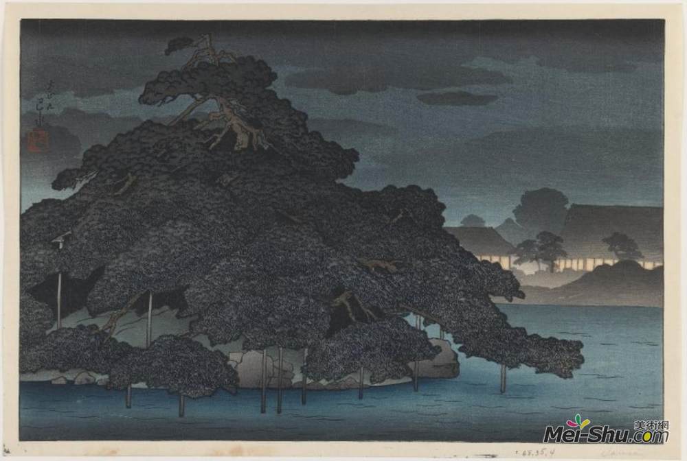 川濑巳水(Hasui Kawase)高清作品《Evening Rain at Karasaki》