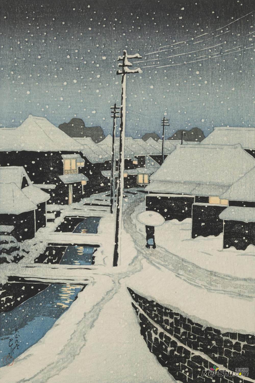 川濑巳水(Hasui Kawase)高清作品《大岛村傍晚的雪》