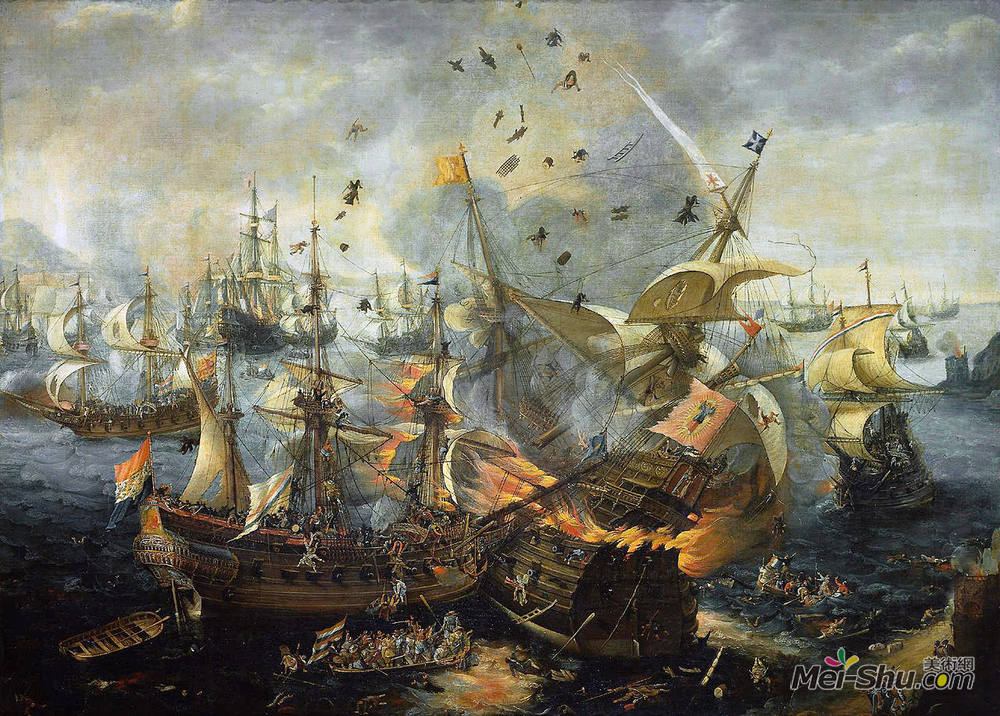 亨德里克·弗鲁姆(Hendrick Cornelisz Vroom)高清作品《The explosion of the Spanish flagship during the Battle of G》