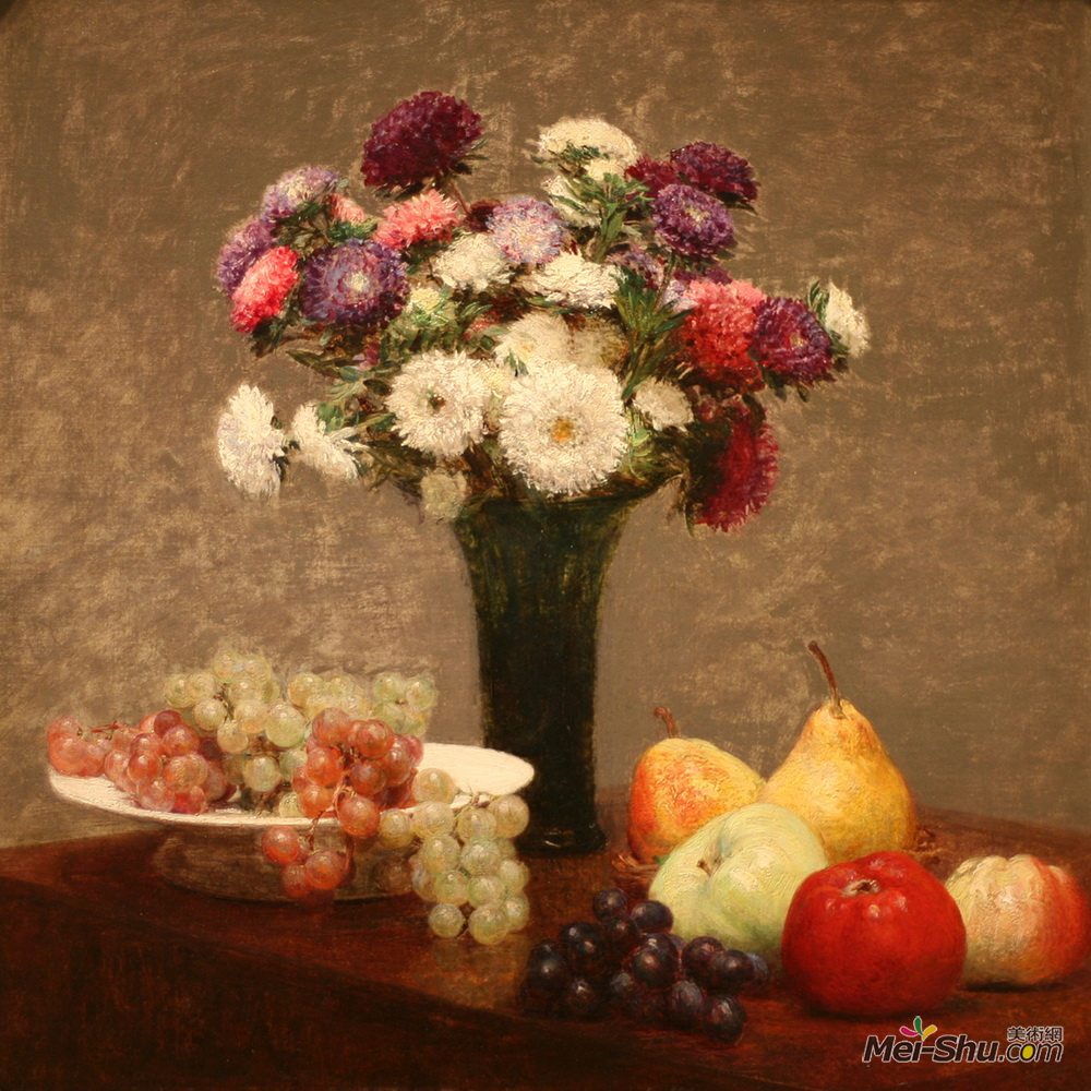 亨利·方丹·拉图尔(Henri Fantin-Latour)高清作品《桌子上的紫苑和水果》