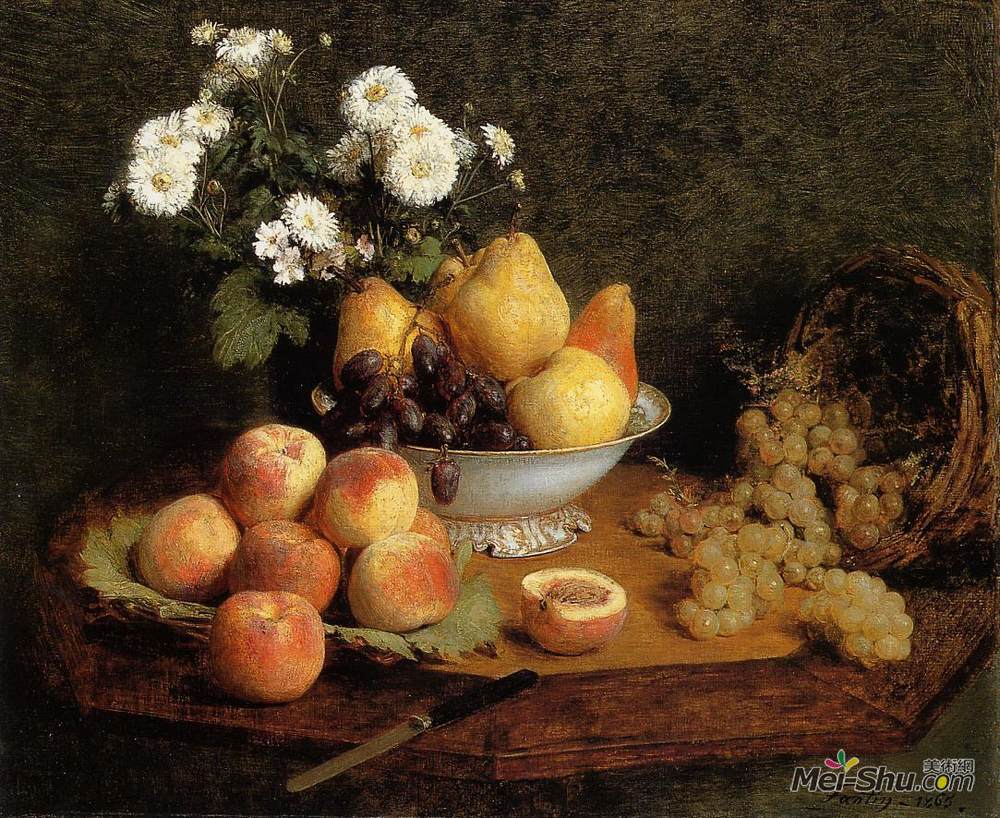 亨利·方丹·拉图尔(Henri Fantin-Latour)高清作品《桌子上的鲜花和水果》