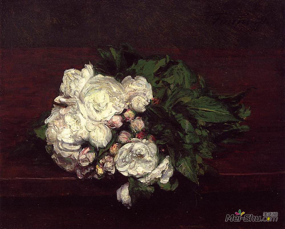 亨利·方丹·拉图尔(Henri Fantin-Latour)高清作品《鲜花，白玫瑰》
