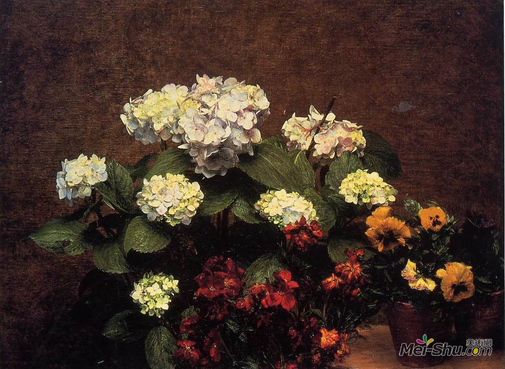 亨利·方丹·拉图尔(Henri Fantin-Latour)高清作品《Hydrangias, Cloves and Two Pots of Pansies》