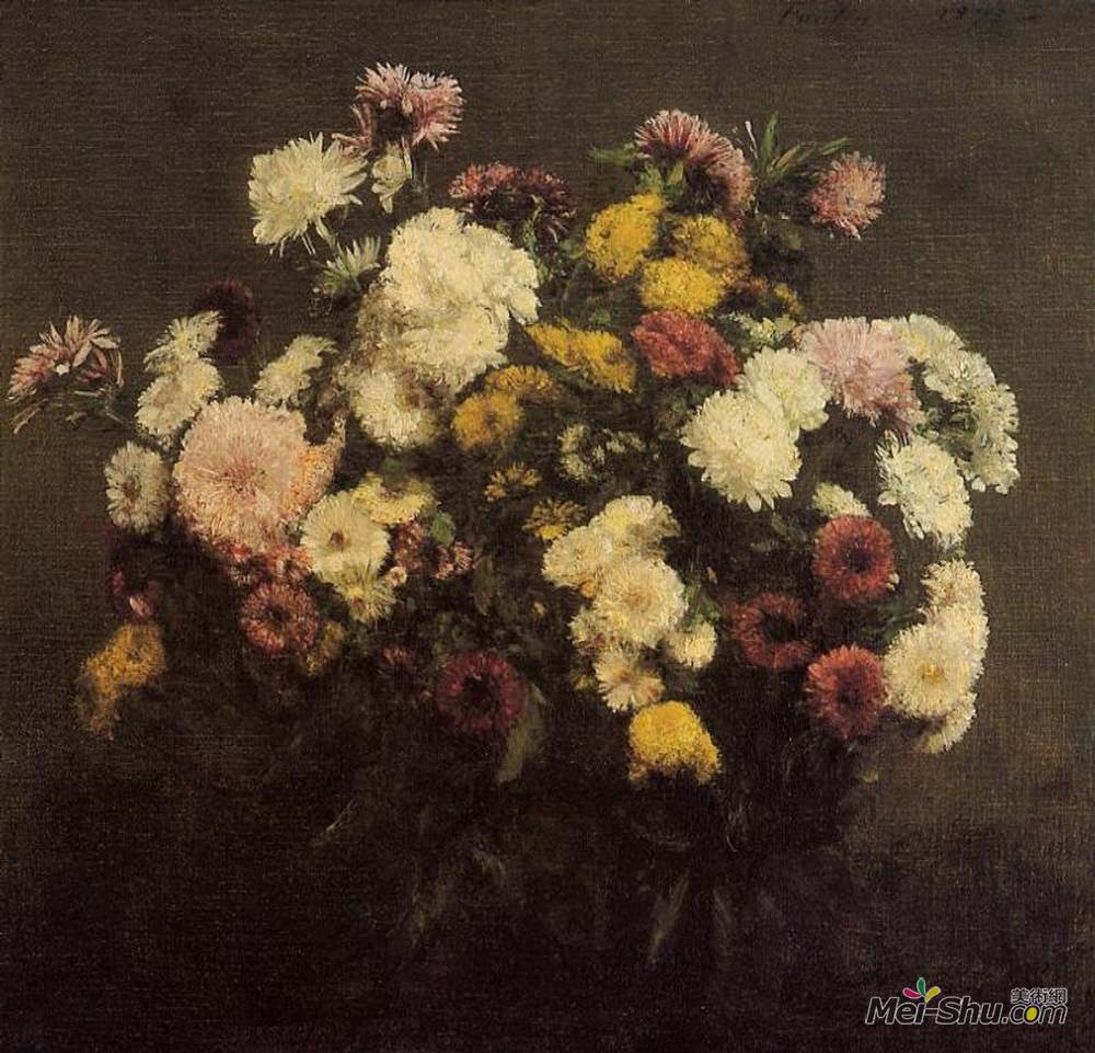 亨利·方丹·拉图尔(Henri Fantin-Latour)高清作品《Large Bouquet of Crysanthemums》