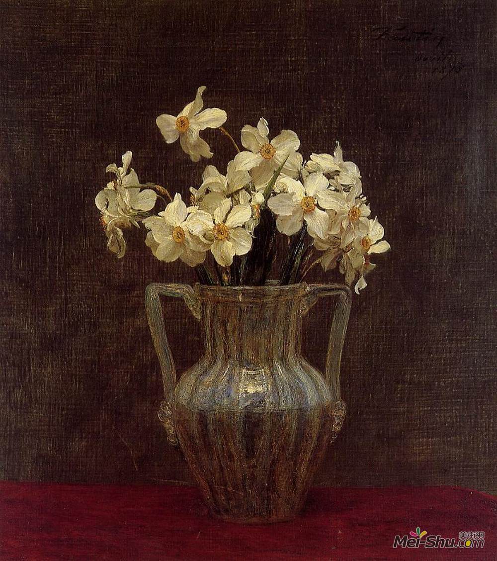 亨利·方丹·拉图尔(Henri Fantin-Latour)高清作品《Narcisses in an Opaline Glass Vase》