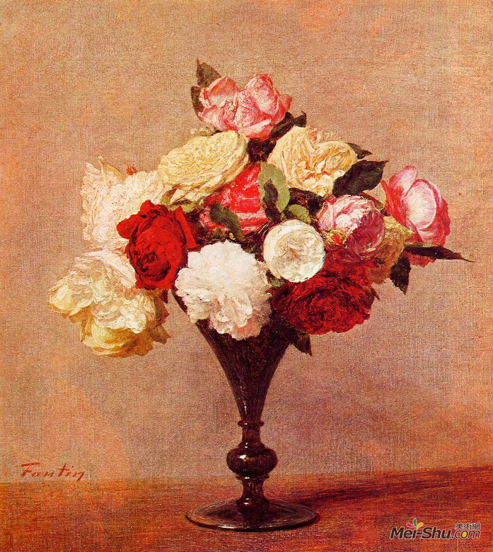 亨利·方丹·拉图尔(Henri Fantin-Latour)高清作品《花瓶里的玫瑰》