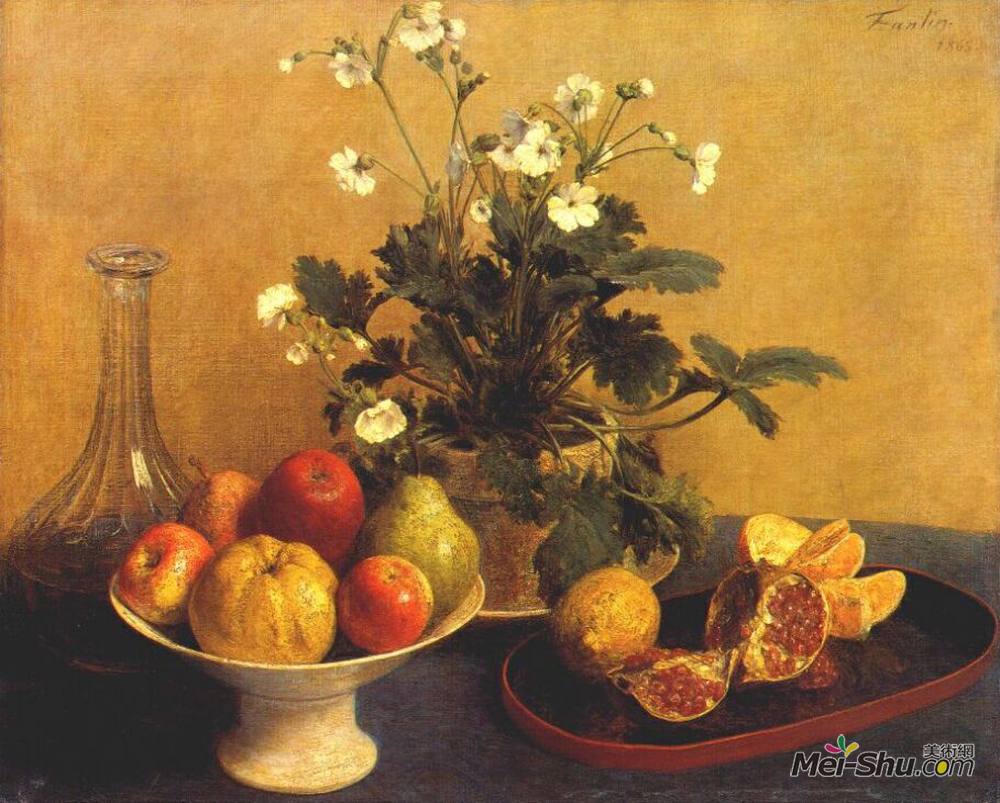 亨利·方丹·拉图尔(Henri Fantin-Latour)高清作品《静物。鲜花，碗水果和投手》